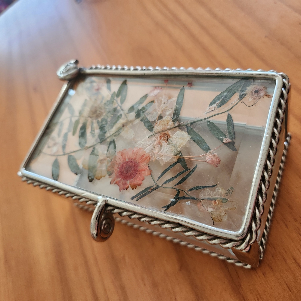 Vintage Dried Flower Beveled & Etched Silver & Glass Casket Jewelry Trinket Box